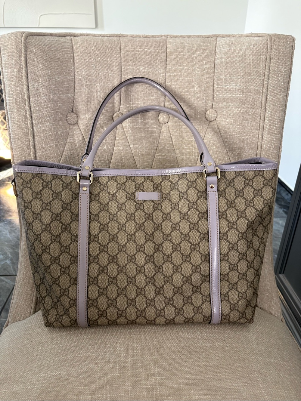 Gucci JOY Supreme Canvas Tote with Lavender Leather Trim